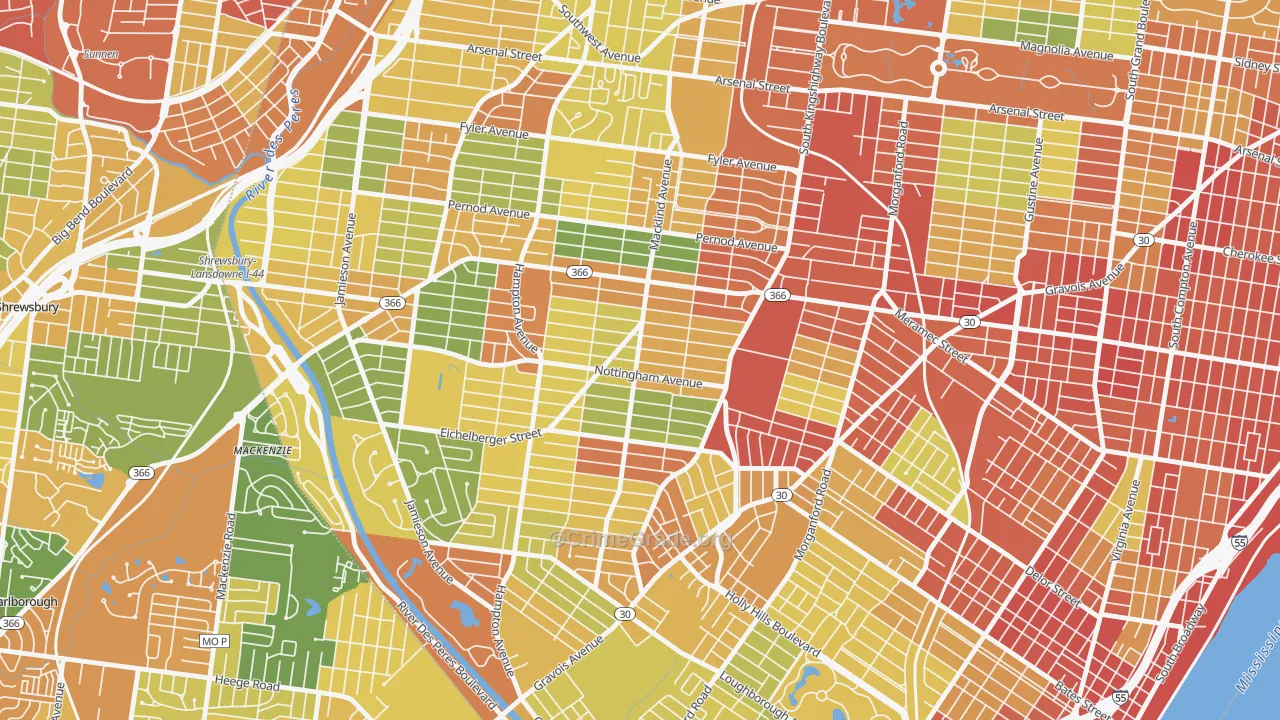 South Hampton, St. Louis, MO Map of Robbery Rates