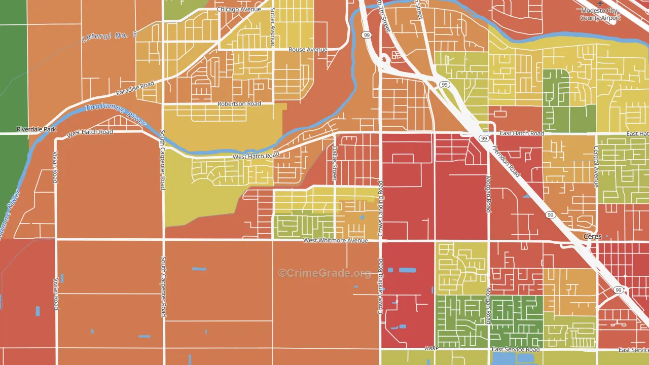 South Modesto Acres, Modesto, CA Map of Robbery Rates