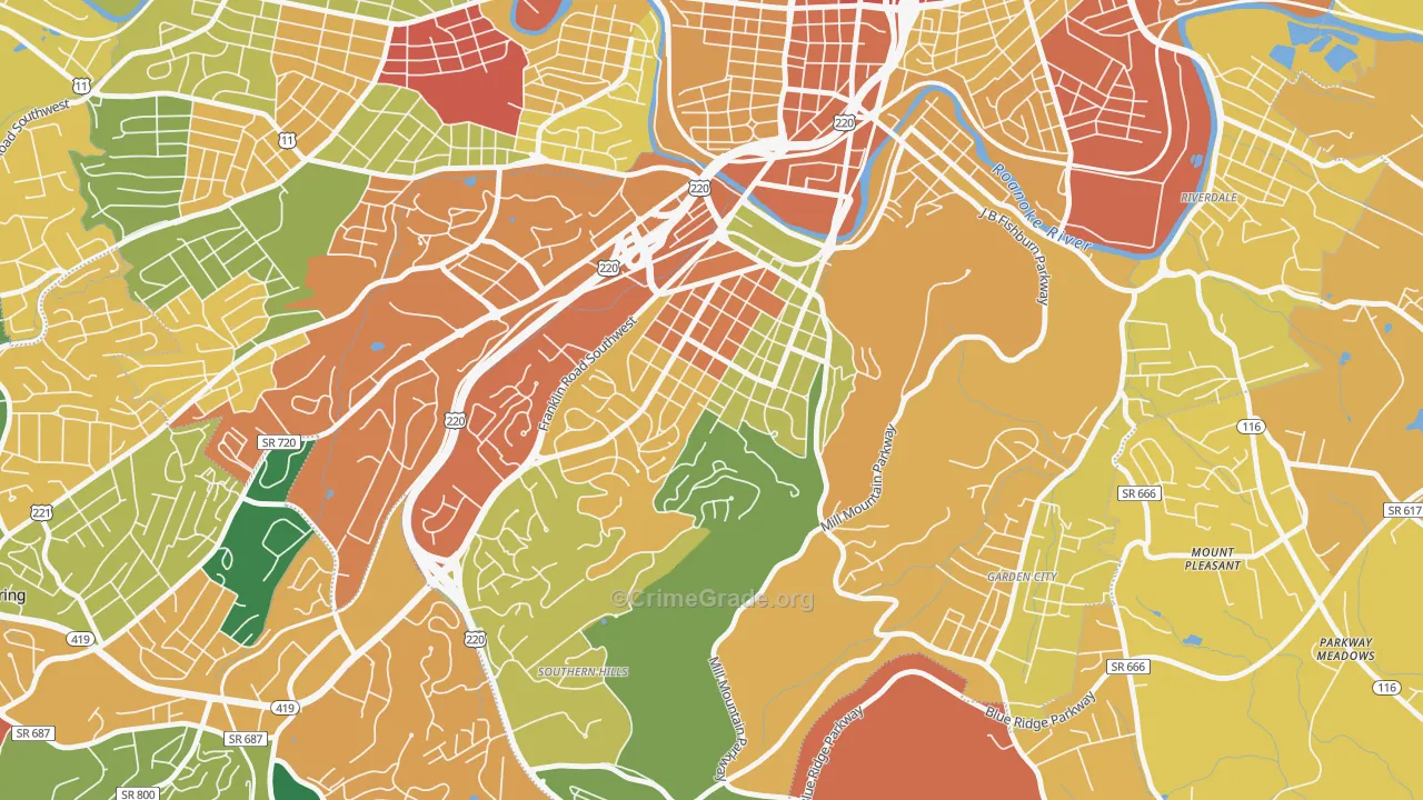 South Roanoke, Roanoke, VA Map of Robbery Rates