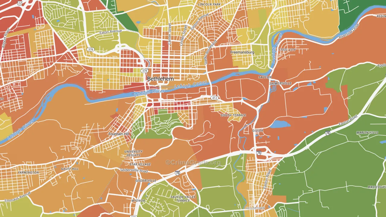 South Side, Bethlehem, PA Map of Robbery Rates