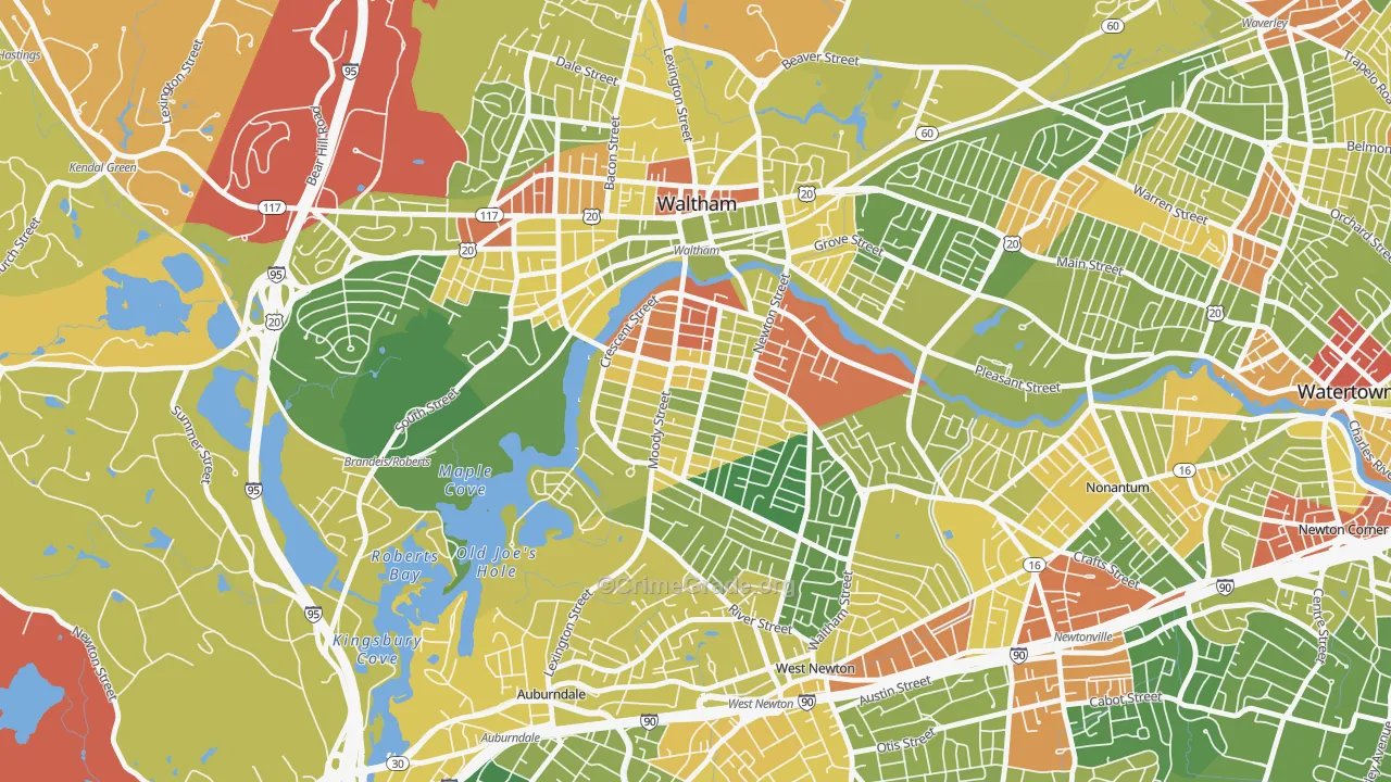 South Side, Waltham, MA Map of Robbery Rates