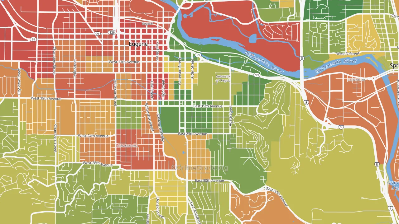 South University, Eugene, OR Map of Robbery Rates