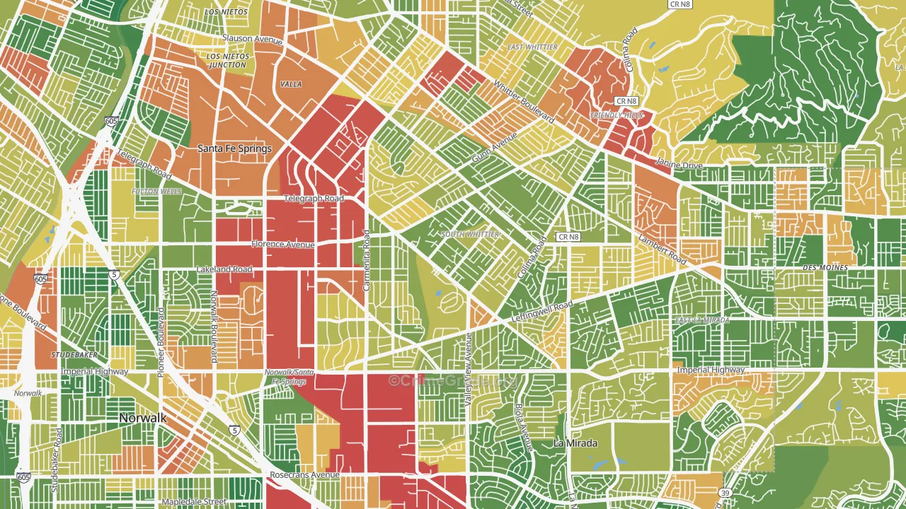 South Whittier, CA Map of Robbery Rates