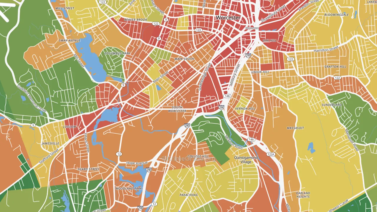 South Worcester, Worcester, MA Map of Robbery Rates