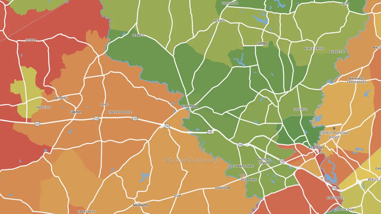 Southampton County, VA Map of Robbery Rates