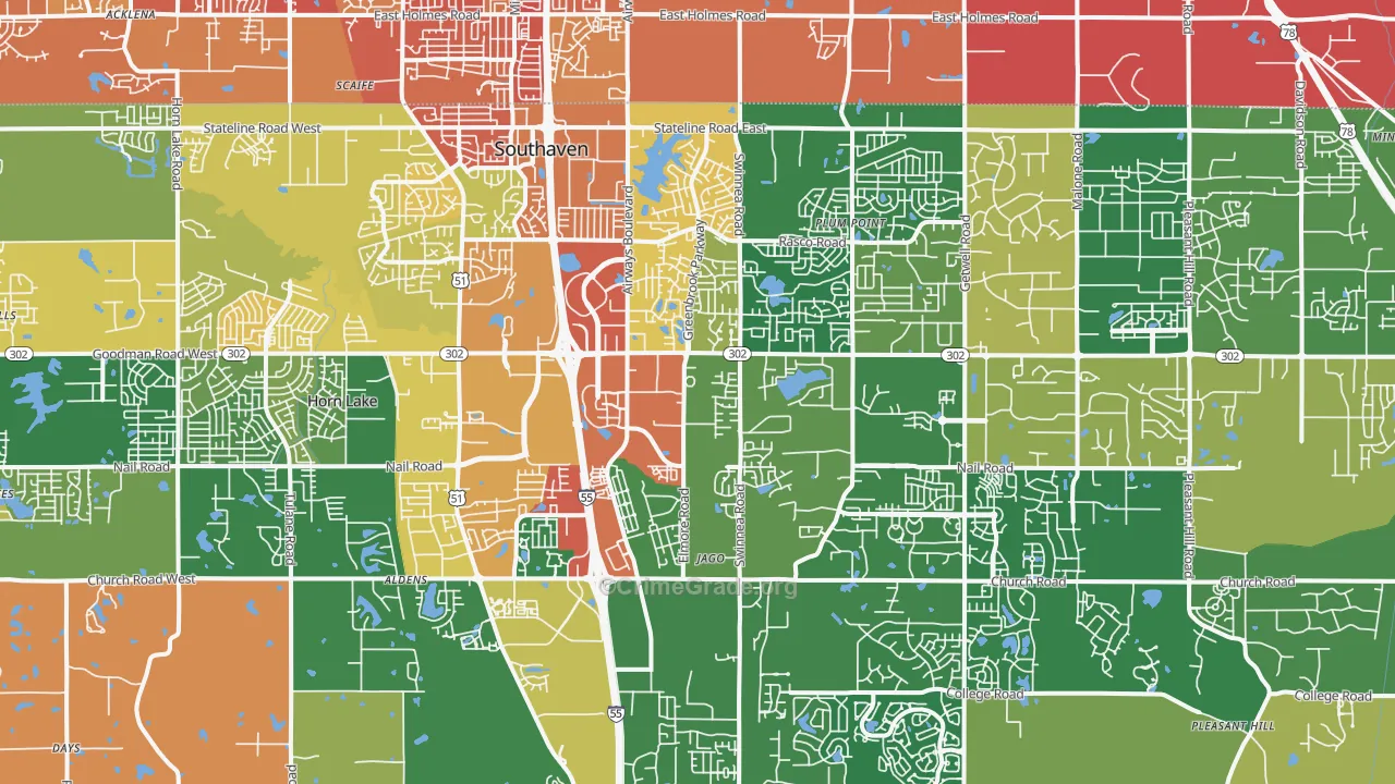 Southaven, MS Map of Robbery Rates