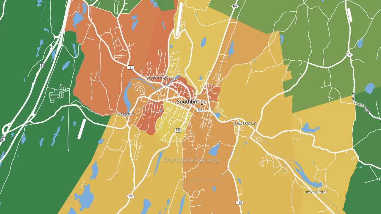 Southbridge Town, MA Map of Robbery Rates
