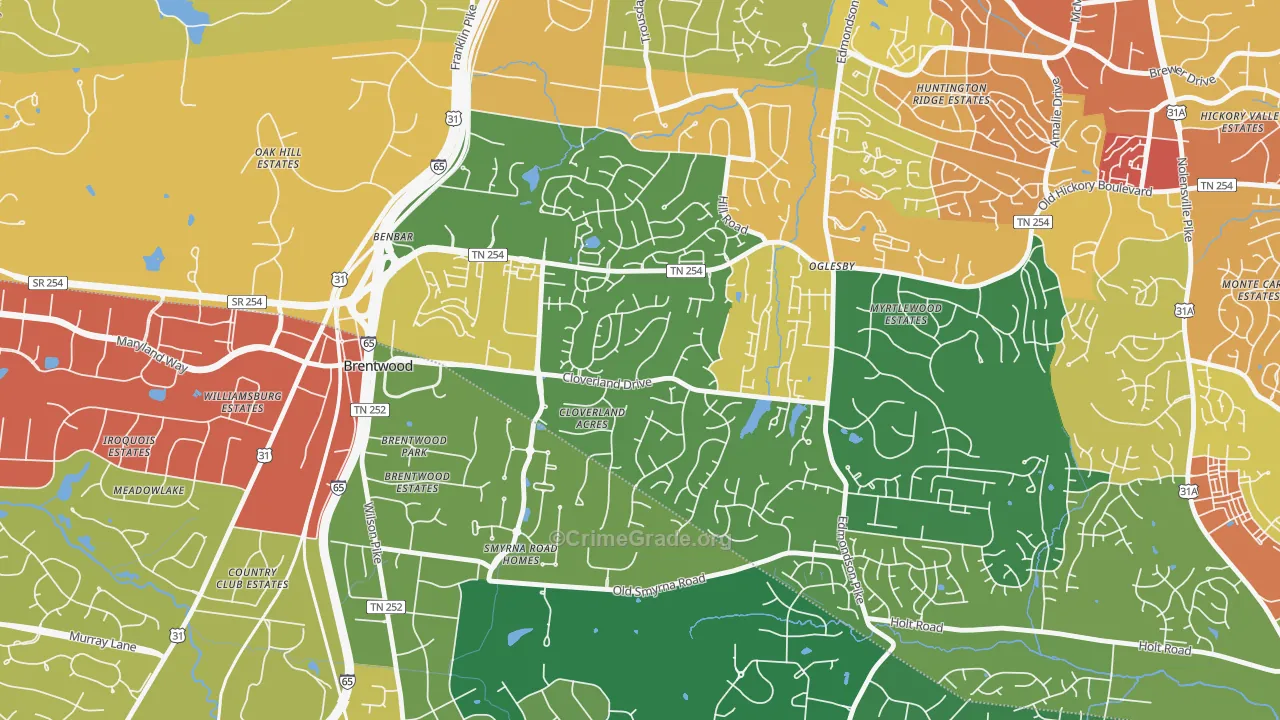 Southeast, Brentwood, TN Map of Robbery Rates