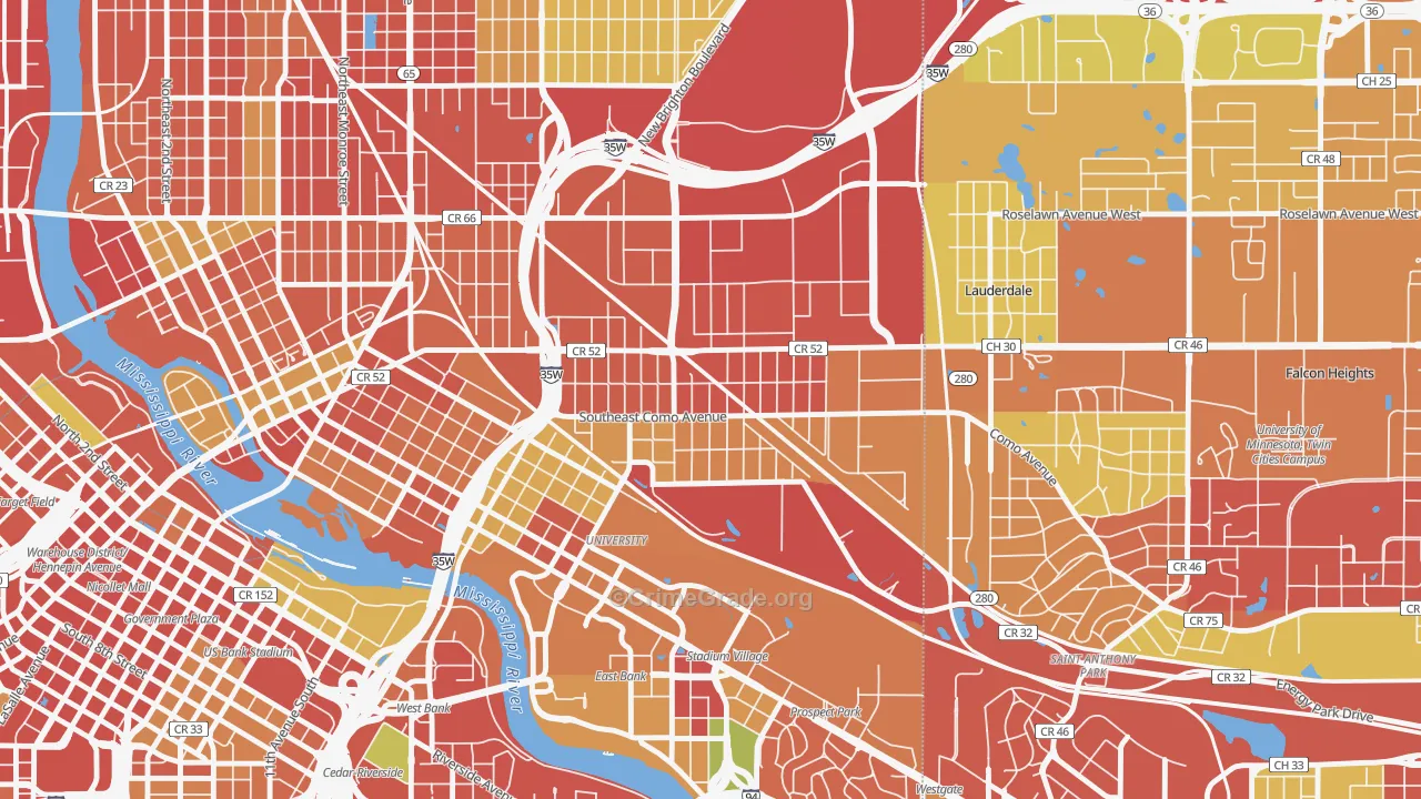 Southeast Como, Minneapolis, MN Map of Robbery Rates