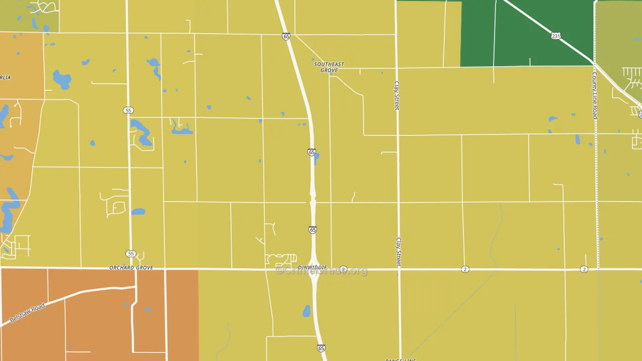 Southeast Grove, IN Map of Robbery Rates