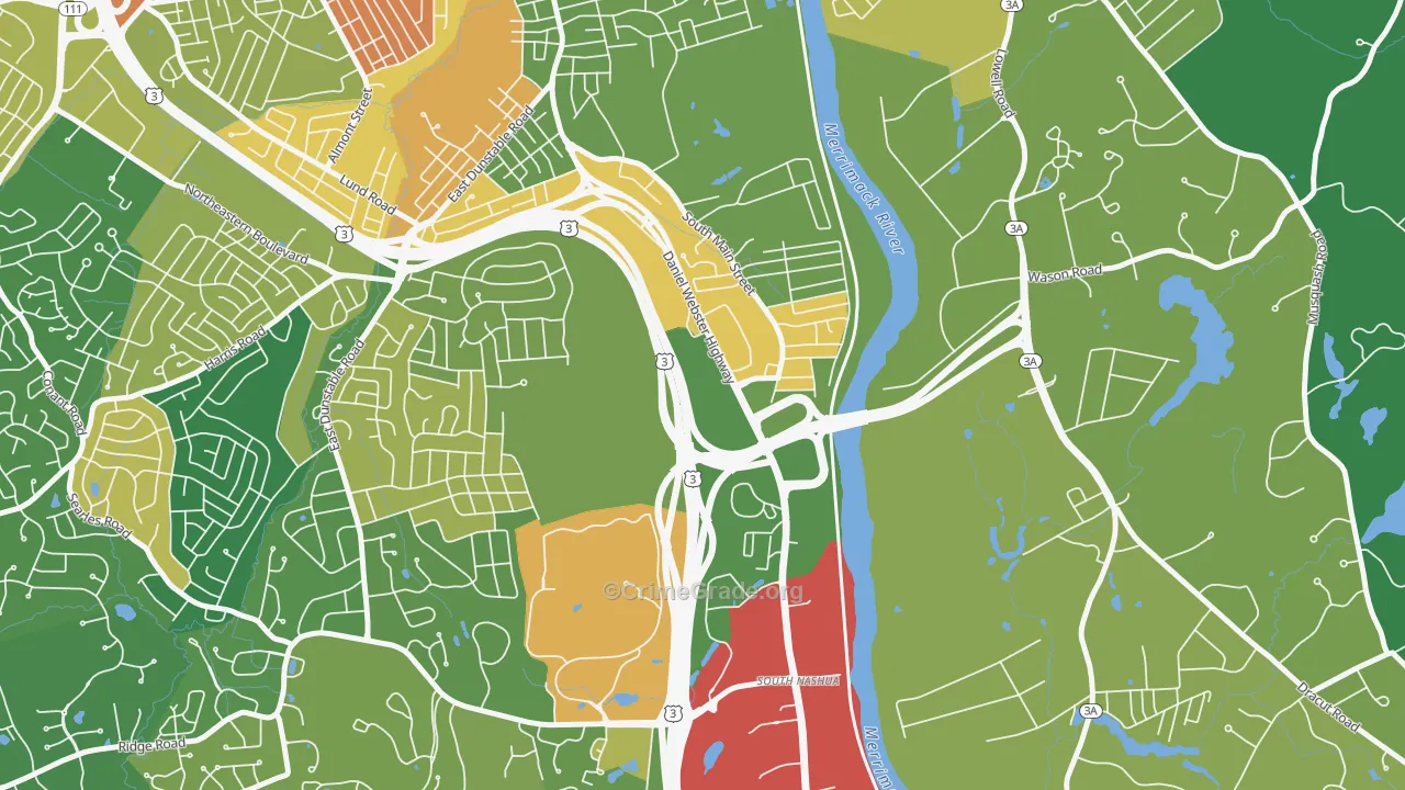 Southeast Nashua, Nashua, NH Map of Robbery Rates