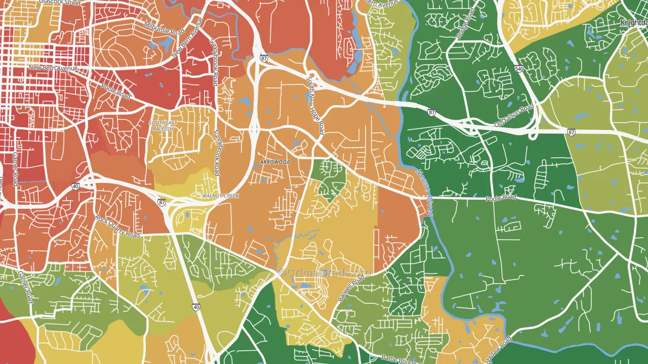 Southeast, Raleigh, NC Map of Robbery Rates