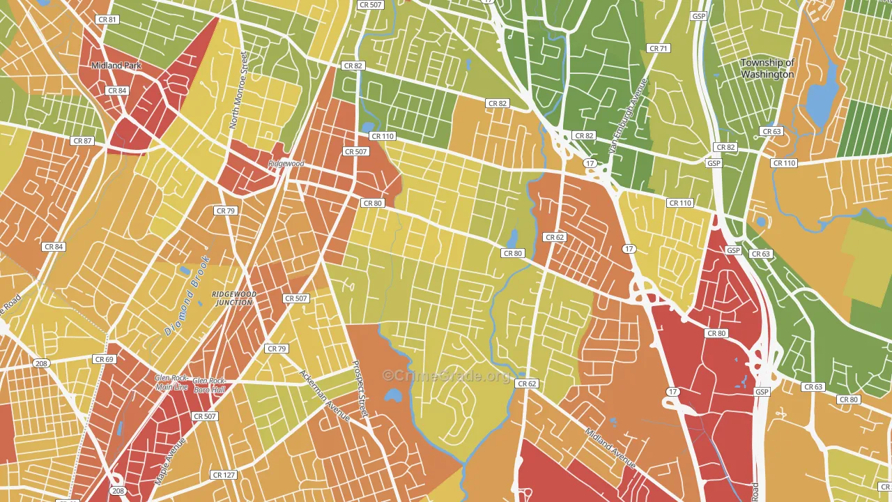 Southeast Ridgewood, Ridgewood, NJ Map of Robbery Rates