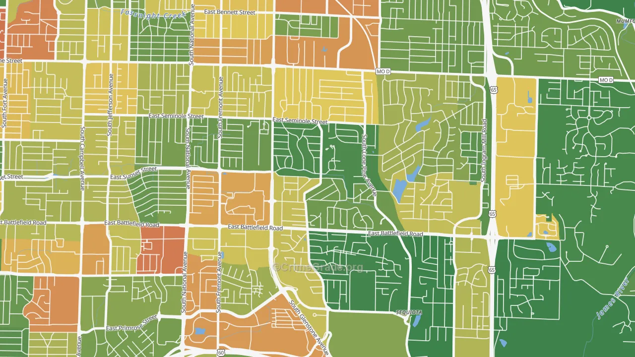 Southeast Springfield, Springfield, MO Map of Robbery Rates