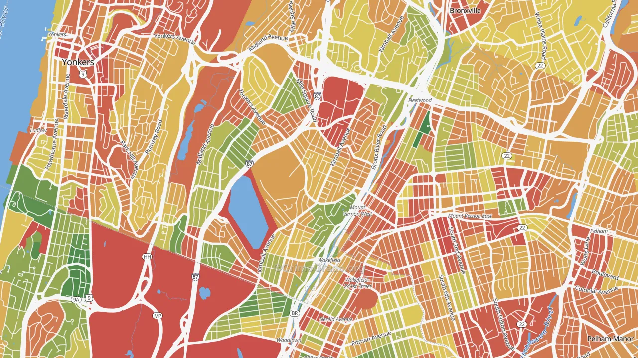 Southeast Yonkers, Yonkers, NY Map of Robbery Rates