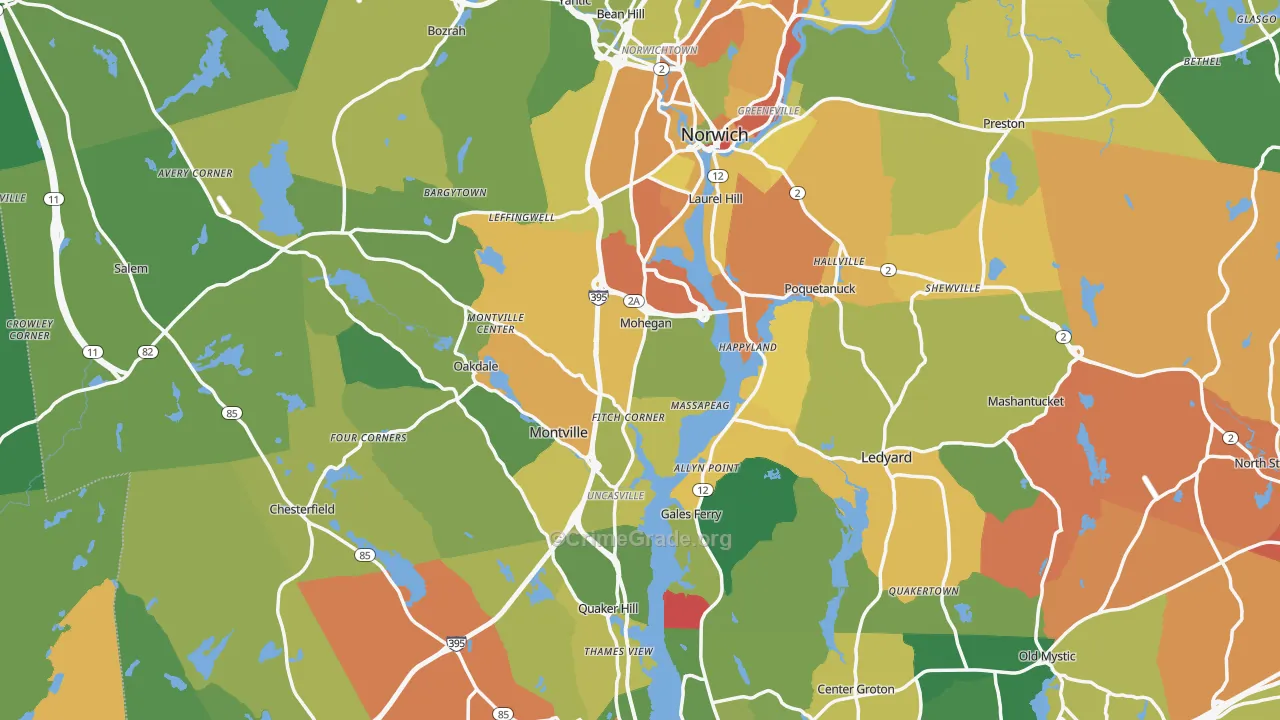 Southeastern Connecticut Planning Region, CT Map of Robbery Rates
