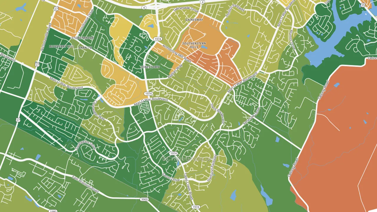 Southeastern Hills, Lexington, KY Map of Robbery Rates