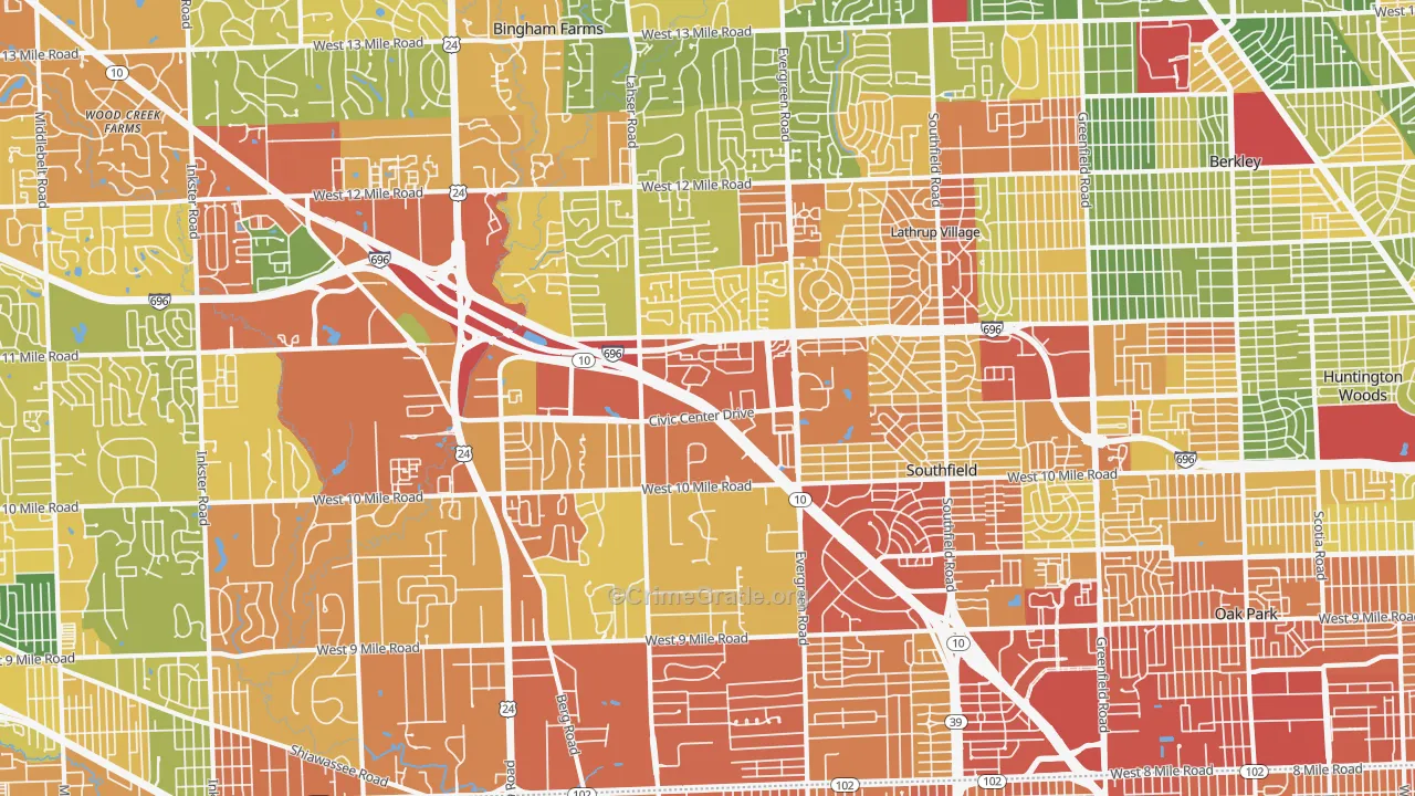 Southfield, MI Map of Robbery Rates