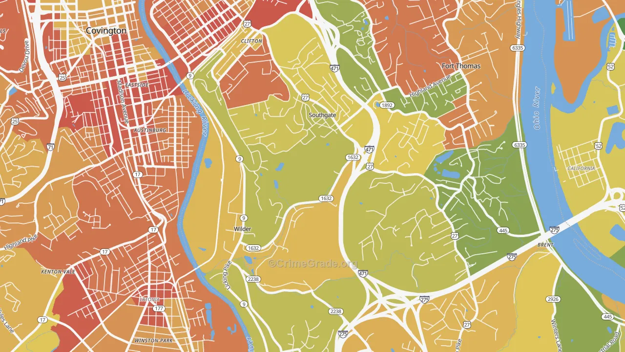Southgate, KY Map of Robbery Rates