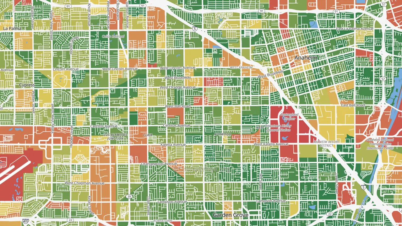 Southwest, Anaheim, CA Map of Robbery Rates