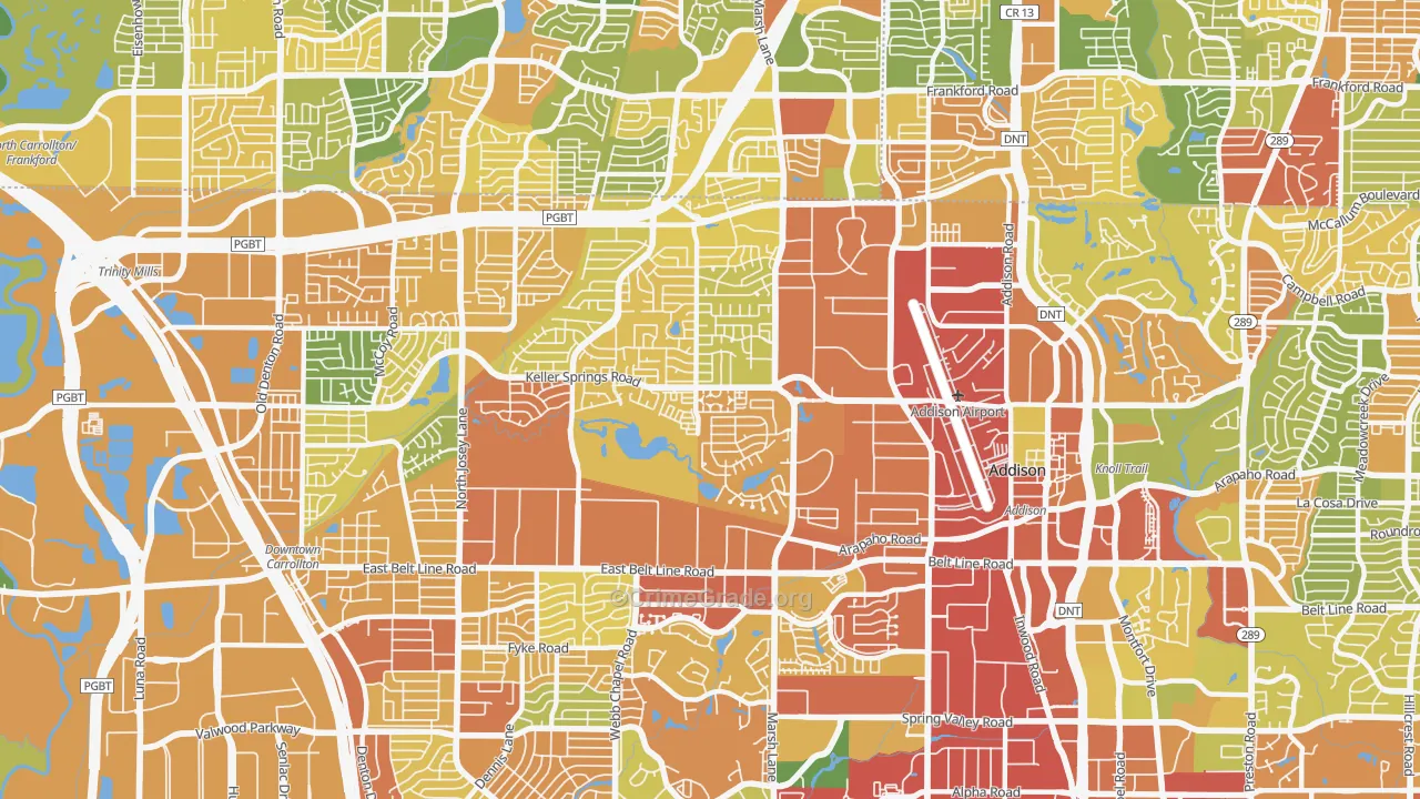 Southwest Carrollton, Carrollton, TX Map of Robbery Rates