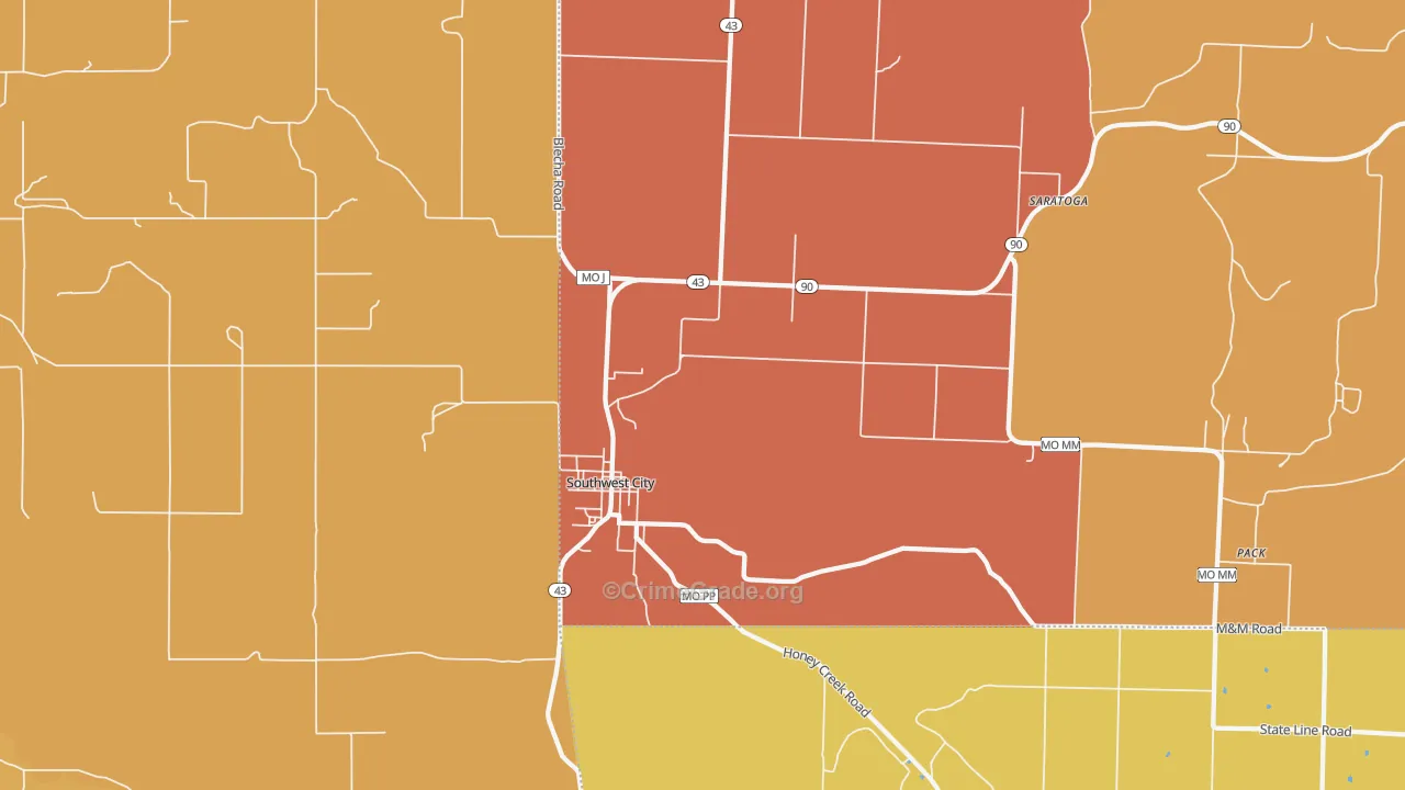 Southwest City, MO Map of Robbery Rates