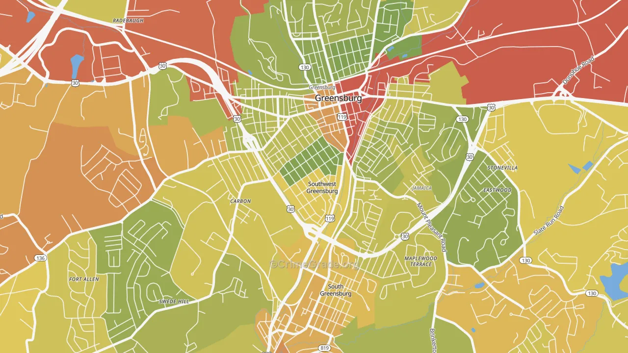 Southwest Greensburg, PA Map of Robbery Rates