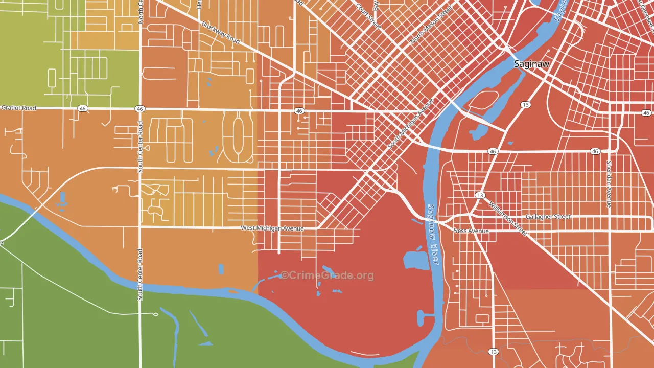 Southwest Saginaw, Saginaw, MI Map of Robbery Rates