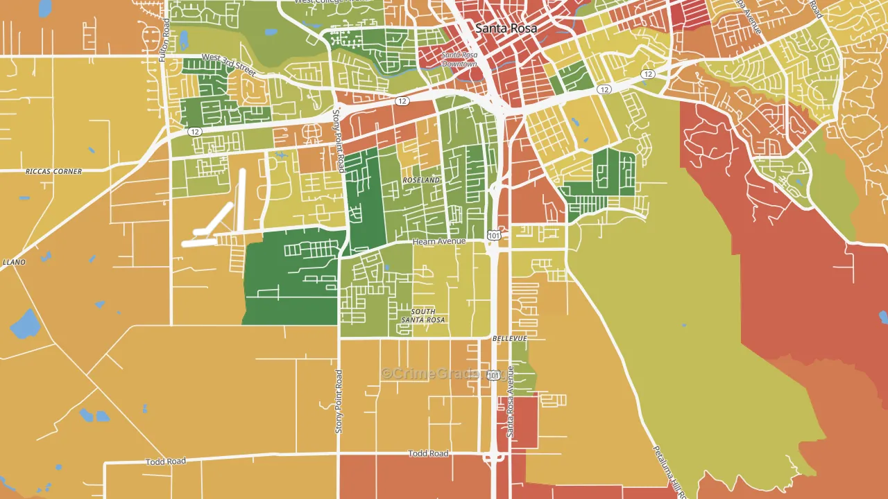 SouthWest Santa Rosa, Santa Rosa, CA Map of Robbery Rates