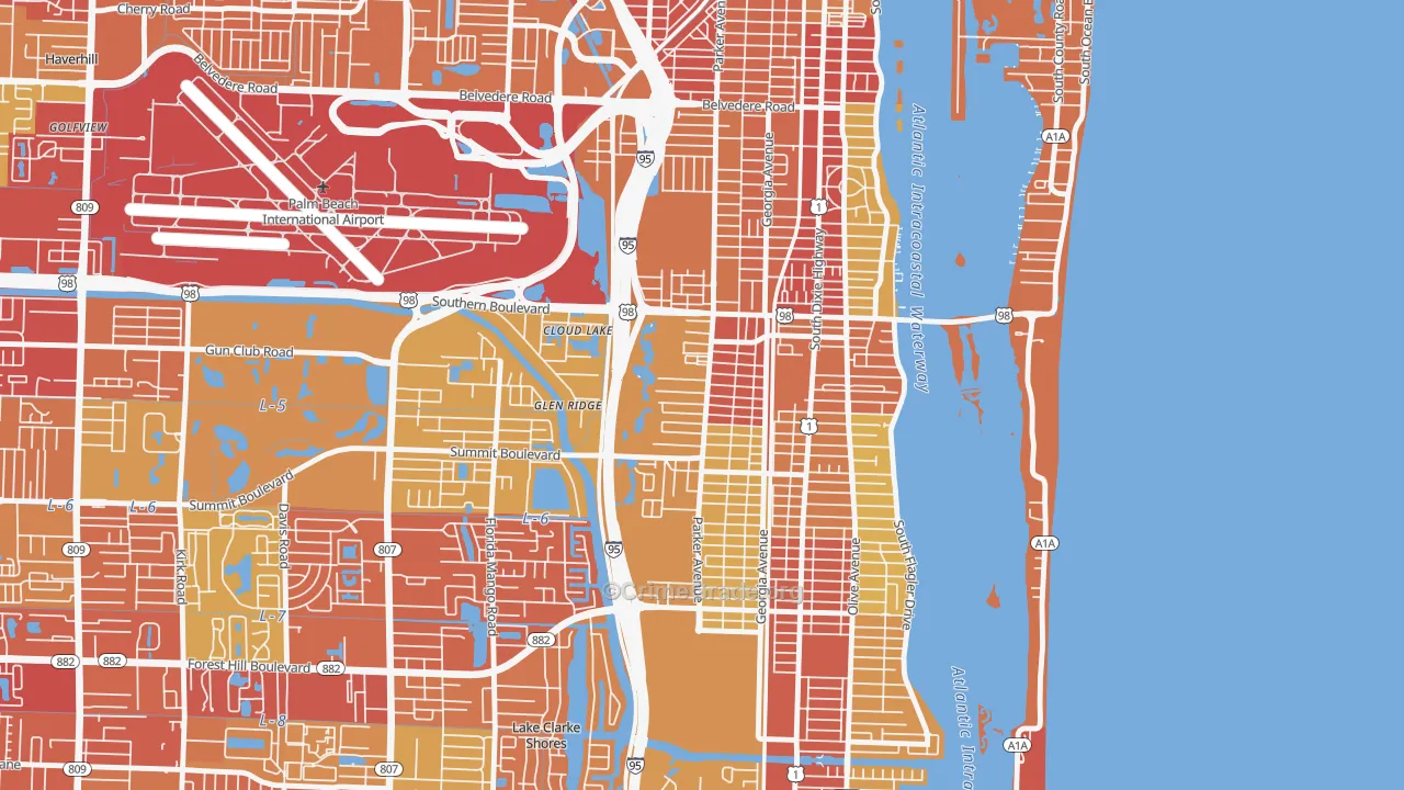 Southwest, West Palm Beach, FL Map of Robbery Rates