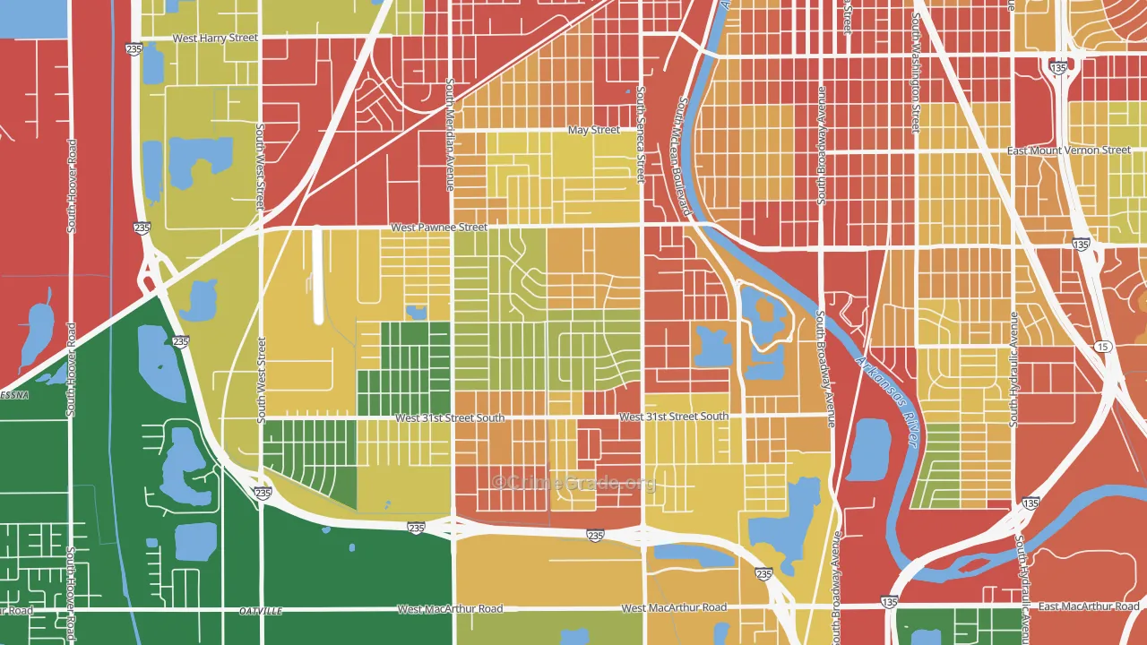 Southwest, Wichita, KS Map of Robbery Rates