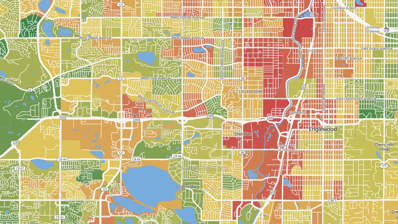 Southwestern Denver, Denver, CO Map of Robbery Rates