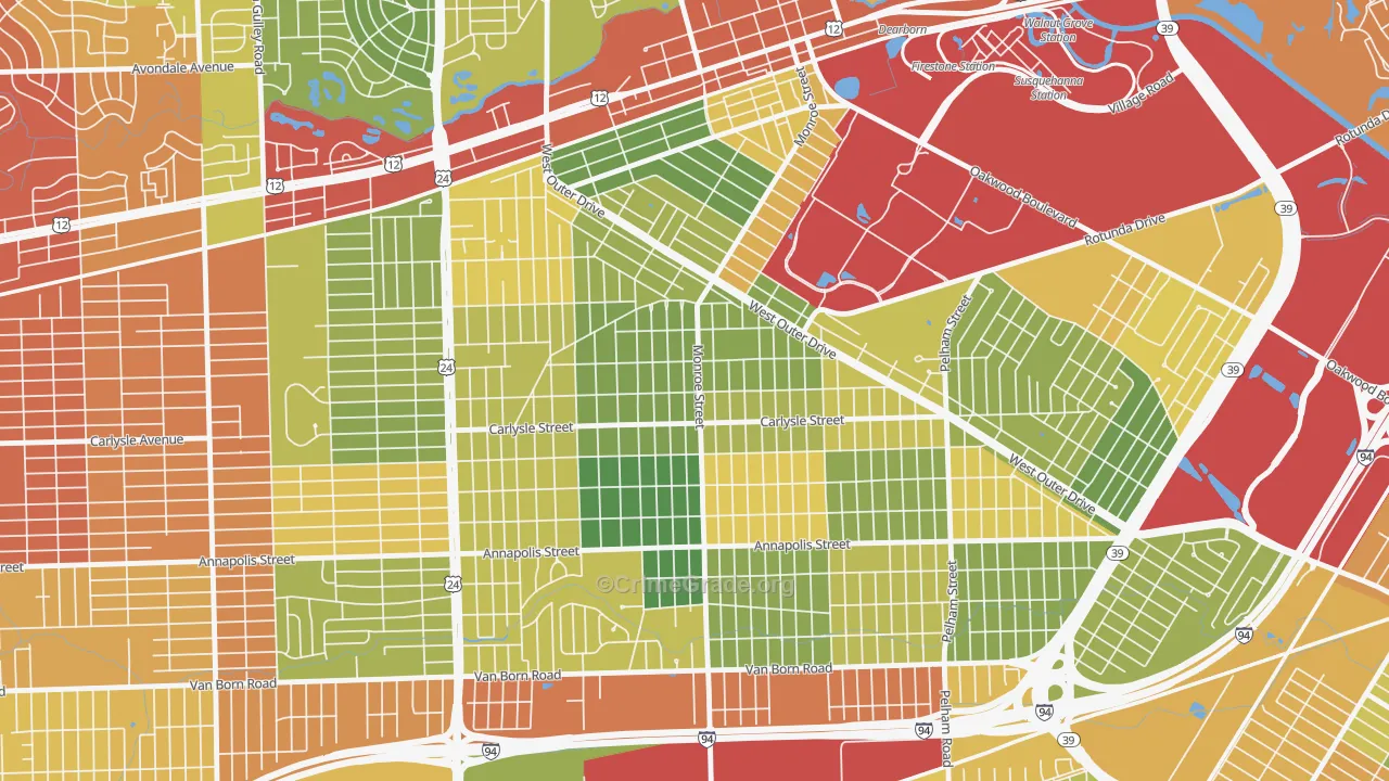Southwestern Outer Drive, Dearborn, MI Map of Robbery Rates