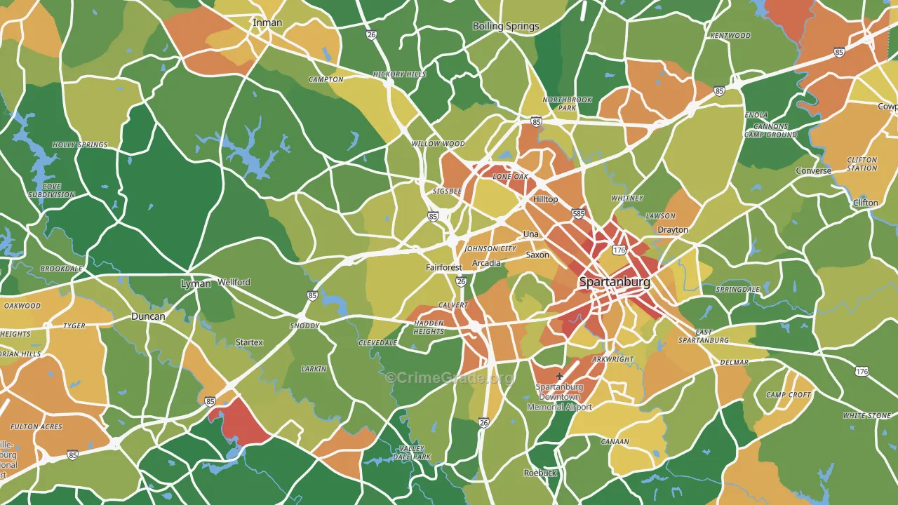 Spartanburg County, SC Map of Robbery Rates