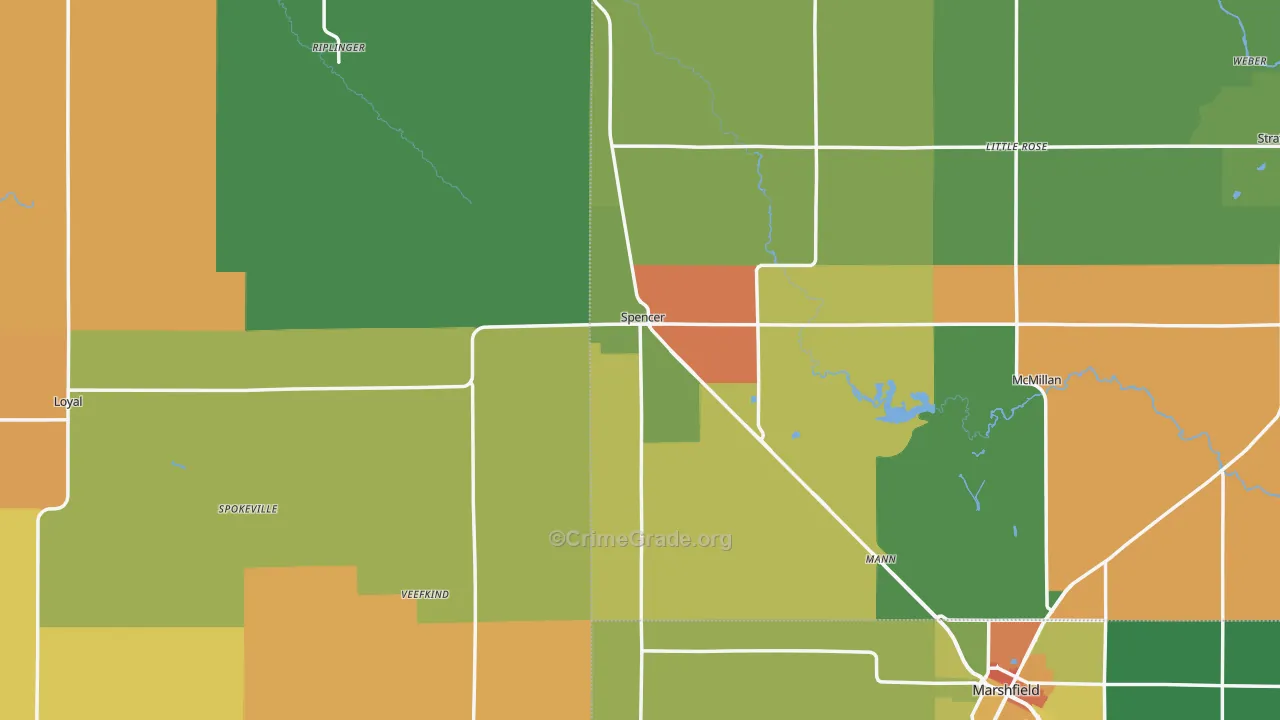 Spencer, WI Map of Robbery Rates