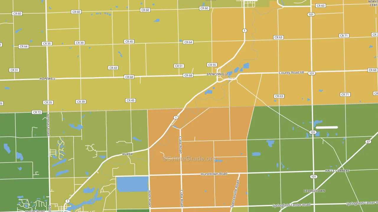 Spencerville, IN Map of Robbery Rates