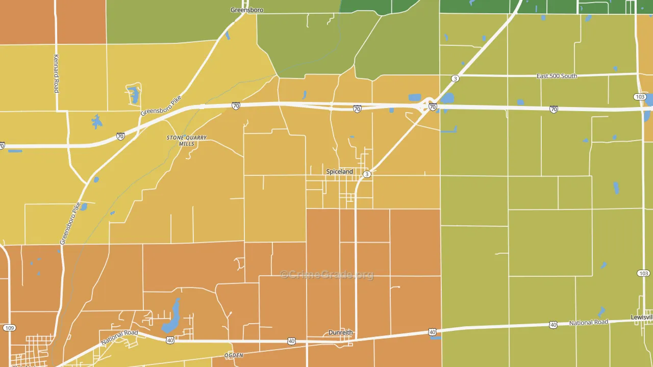 Spiceland, IN Map of Robbery Rates