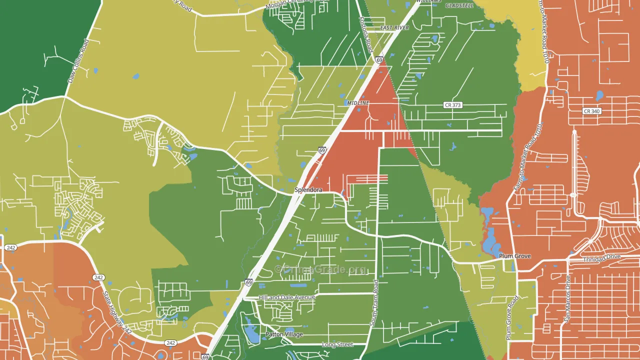 Splendora, TX Map of Robbery Rates