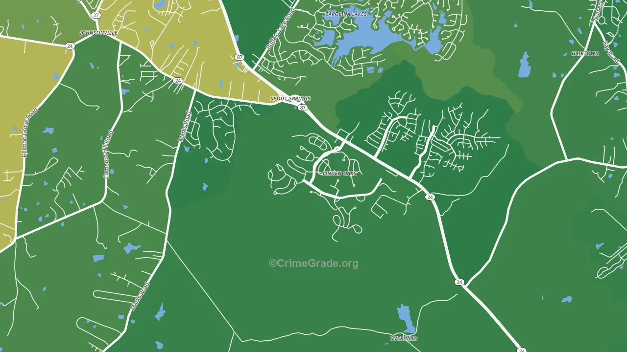 Spout Springs, NC Map of Robbery Rates
