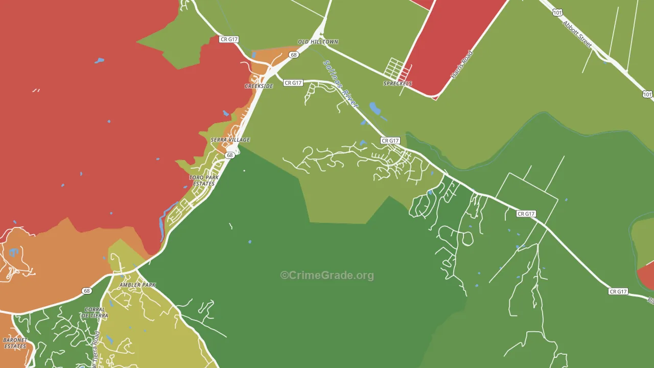 Spreckels, CA Map of Robbery Rates