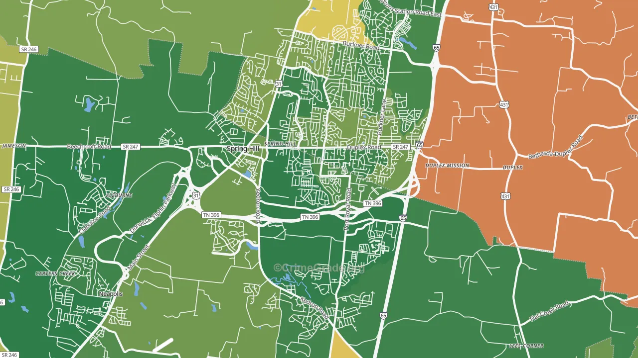 Spring Hill, TN Map of Robbery Rates