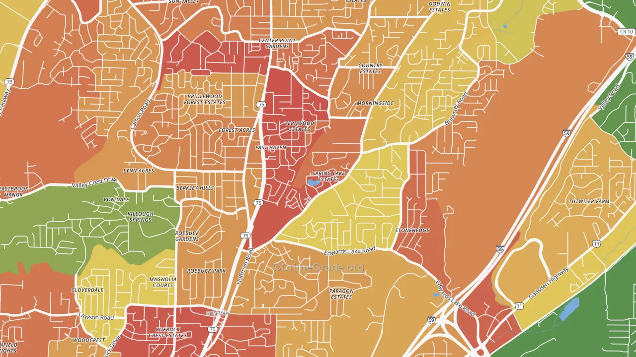 Spring Lake, Birmingham, AL Map of Robbery Rates