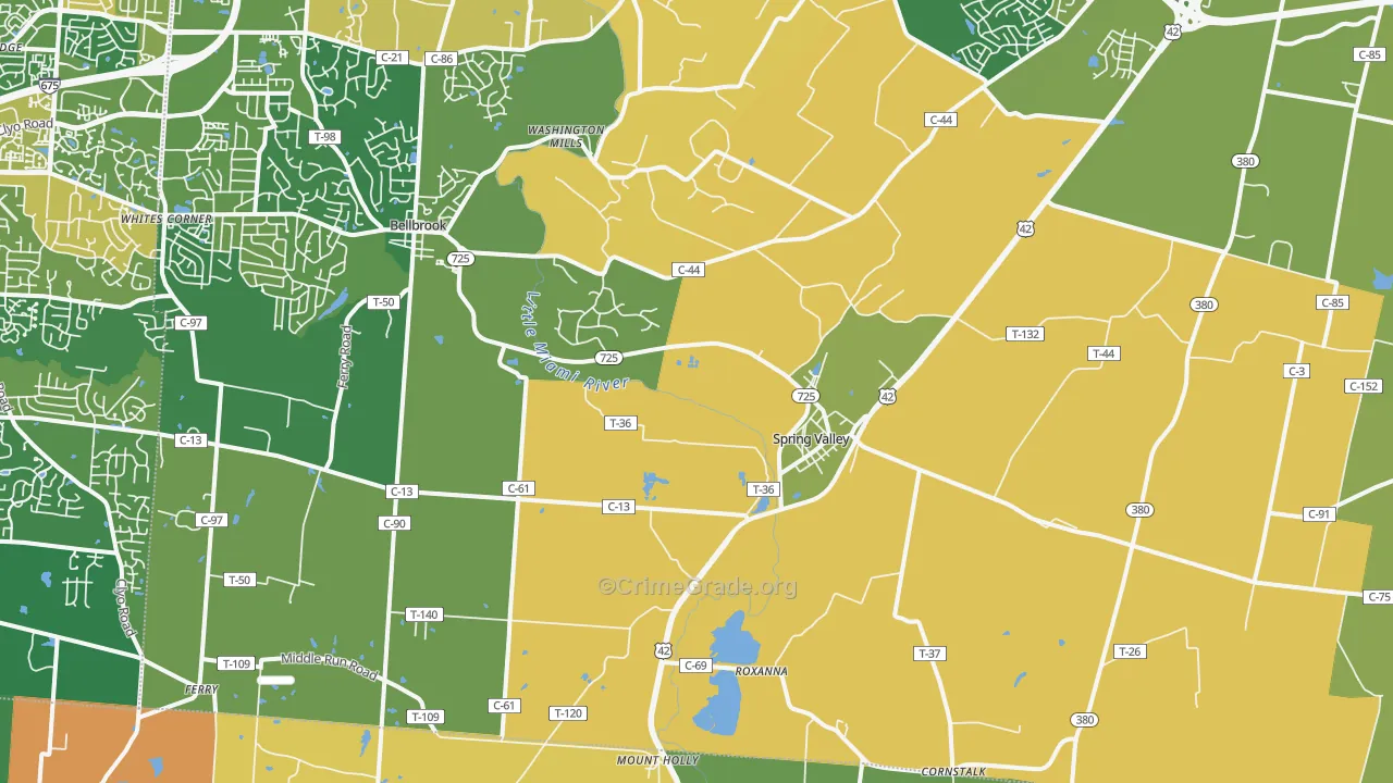 Spring Valley, OH Map of Robbery Rates