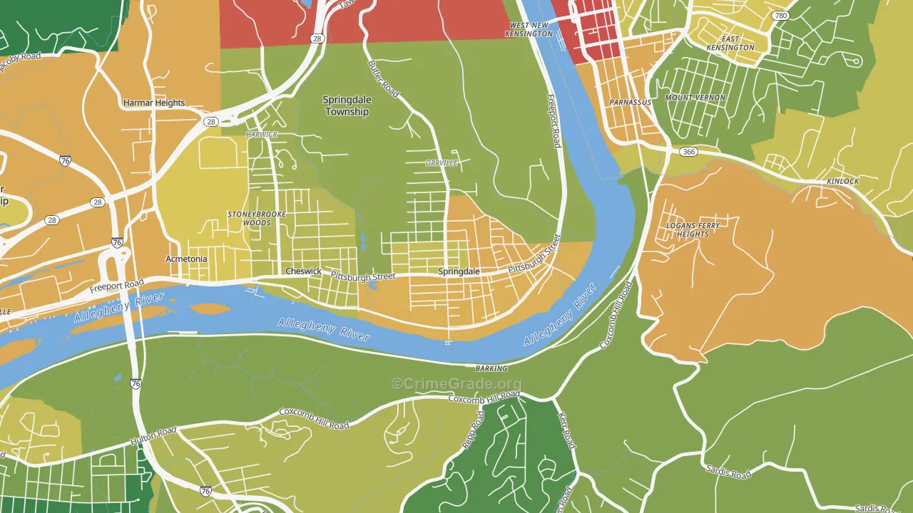 Springdale, PA Map of Robbery Rates