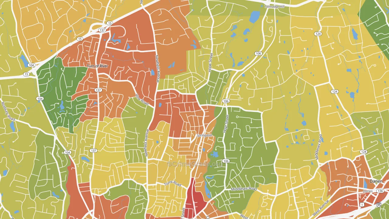 Springdale, Stamford, CT Map of Robbery Rates