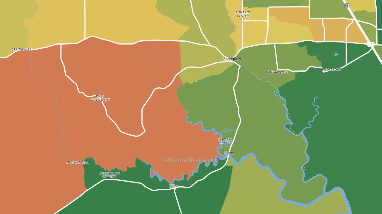 Springfield, LA Map of Robbery Rates