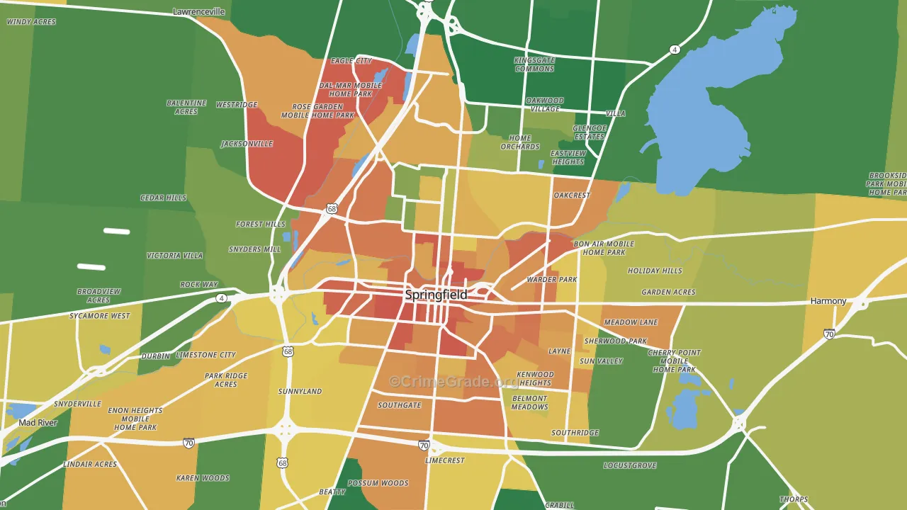 Springfield, OH Map of Robbery Rates