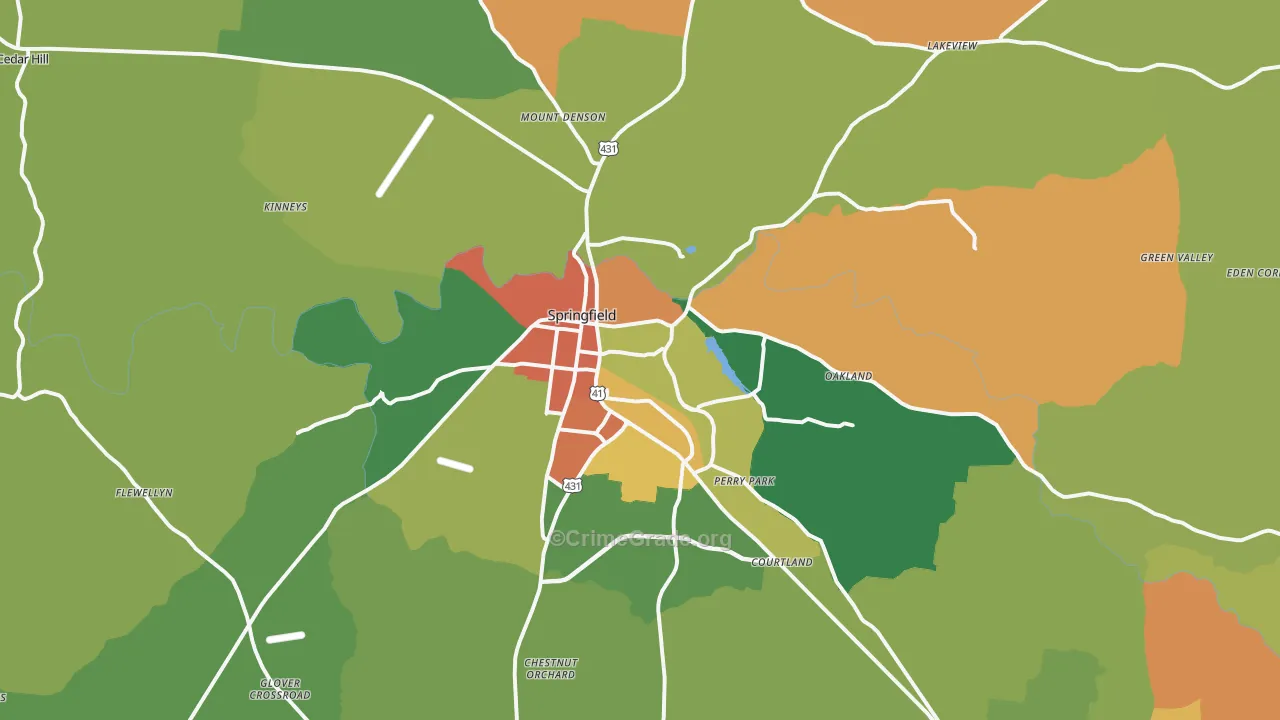 Springfield, TN Map of Robbery Rates