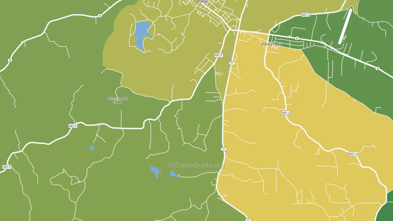 Springtown, MO Map of Robbery Rates