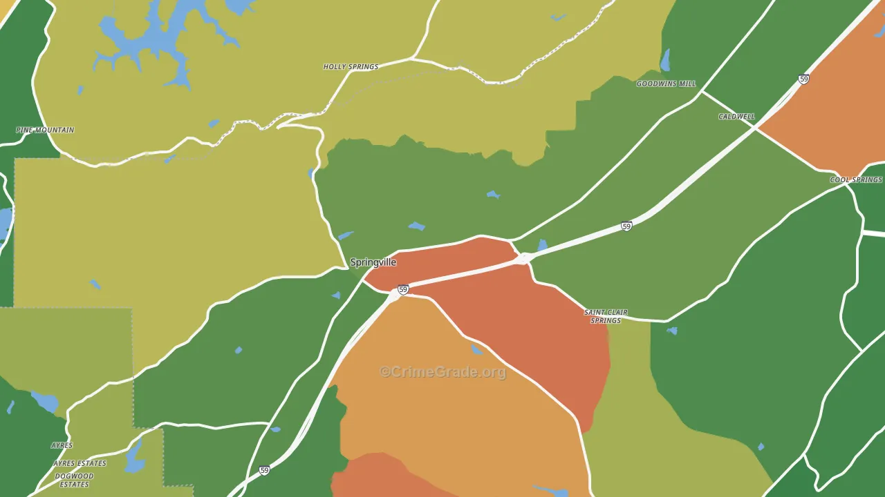 Springville, AL Map of Robbery Rates